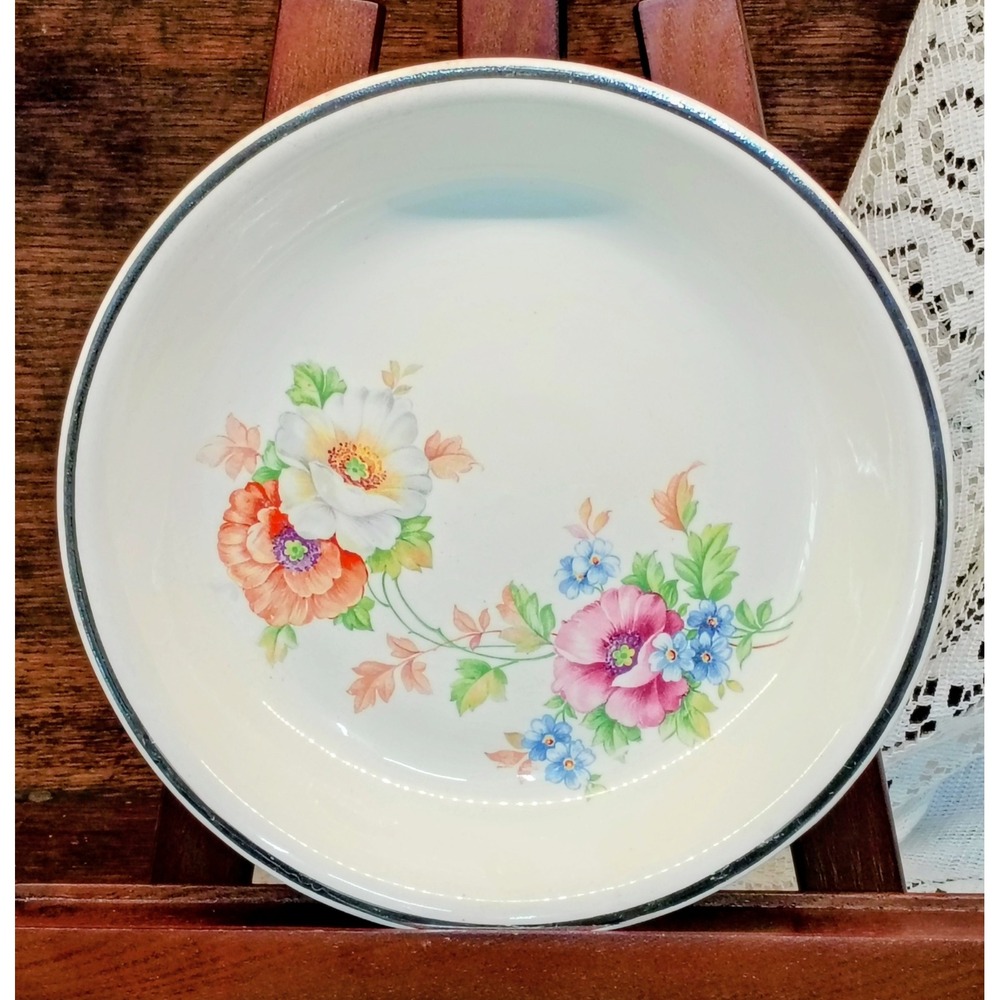 Vintage Harker Hotoven Pottery Floral Bowl Silver Rim 9 In Mid Century Chinaware